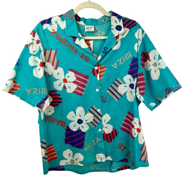 Vintage Koret Hawaiian Shirt Women Medium Shirt Sleeves Floral‎ Tropical Blue - Picture 2 of 5